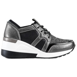 VINCEZA skinnende læder sneakers sort sølv