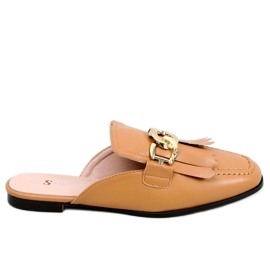 Hjemmesko med mokasiner med kædekamel T501 Camel brun