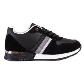 SHELOVET Sorte sneakers med glitterplatform sølv
