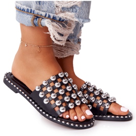 PS1 Åbent læder hjemmesko med rhinestones sort Alana