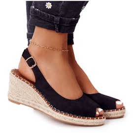 PG1 Sorte sandaler på en kile med flettet sort Las Palomas beige