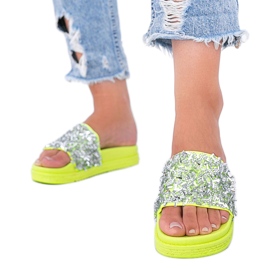 Neongrønne hjemmesko med cubic zirconia Love Bling