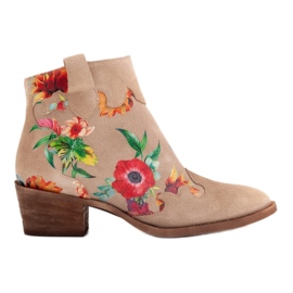 Marco Shoes Beige støvler lavet af naturlig ruskind med blomsterprint