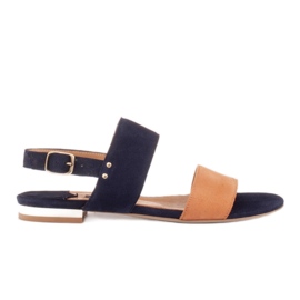 Marco Shoes Flade sandaler i naturlig ruskind med en metallisk hæl beige marineblå
