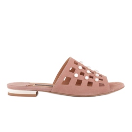 Marco Shoes Elegante dametøfler med perler og perforering lyserød