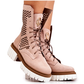 Høje læderstøvler, arbejdere Nicole Pink 2706 beige lyserød
