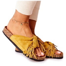 Gule flip flops med korksål og frynser