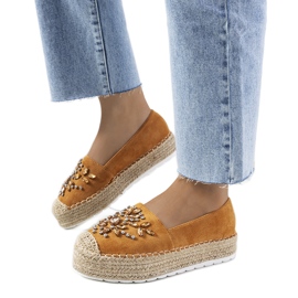 Brune espadriller med Leer cubic zirconia gul