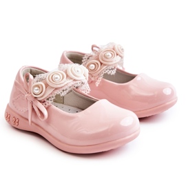 PA1 Børneballerinaer med velcro med blonder Pink Evelyn lyserød