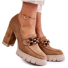 Læder Pumps På Platformen Og En Bar Lewski Sko 3197 Beige brun