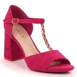 Damesandaler i ruskind på stolpen med zirkoner fuchsia Vinceza 20195 lyserød