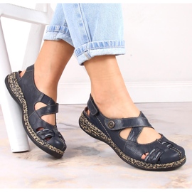 Læder behagelige damesandaler med velcro marineblå Rieker 46377-14