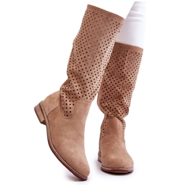 S.Barski Dame Ruskind Openwork Over Knee Støvler Beige Savannah