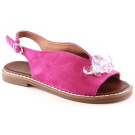 Flade ruskindssandaler til kvinder med fuchsiakrystaller Jezzi RMR2266-2 lyserød