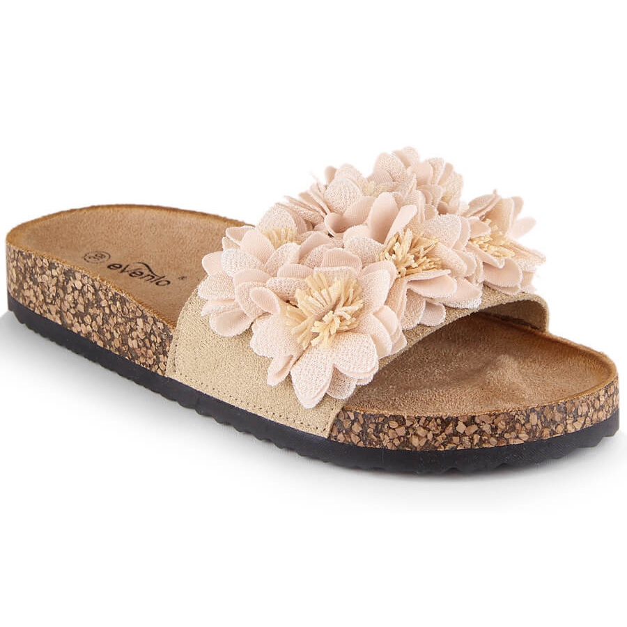 Statistisk Genbruge trend Flade sandaler til kvinder med beige blomster eVento 5969 - KeeShoes