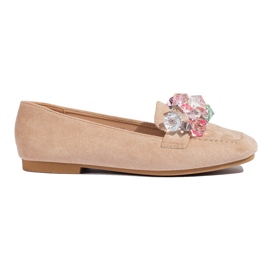 Shelovet beige ruskind loafers med sten