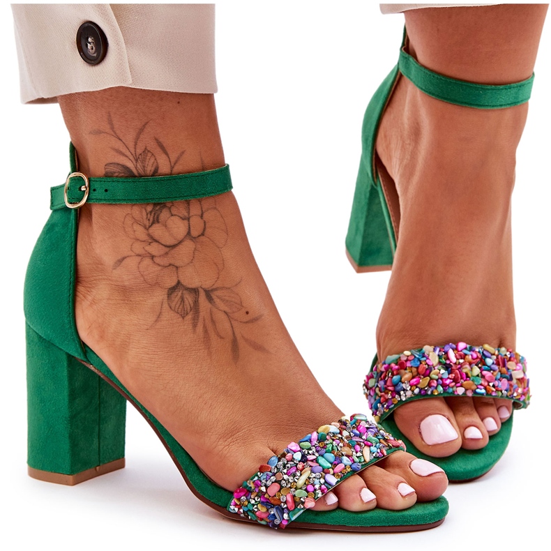 Moderigtige højhælede sandaler med dekorative sten Grøn Love Me
