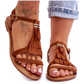 Damesandaler Fladt ruskind Boho Brun Lucami