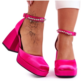 Moderigtige pumps på massive hæle med zirkoner Fuchsia Adel lyserød