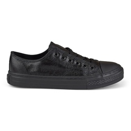 Skinnende sorte sneakers med sort sål