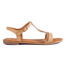 Flade beige damesandaler med Shelovet-krystaller