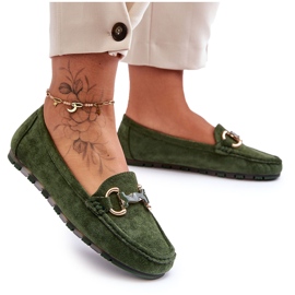 PG1 Ruskindsloafers til kvinder med grøn Dionira-dekoration