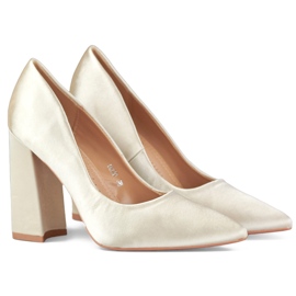 Satinbeige pumps, højhælede damesko i guld