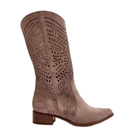 Zazoo 3305/P Ruskind Mid-Calf Openwork Cappucino støvler beige