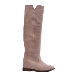 Zazoo 3407 knæhøje ruskindstøvler med flade cappuccinohæle beige