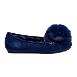 Kvinders blå loafers med pels og pompom