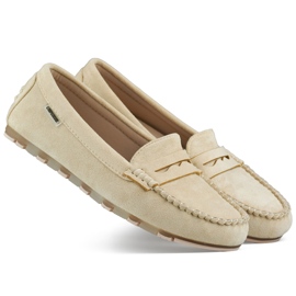 Kvinders beige ruskindsmokkasiner, komfortable mokkasiner