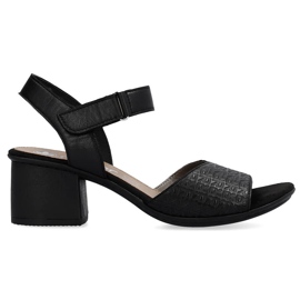 Læderkomfortable højhælede damesandaler med velcro, sort Rieker 64693-00