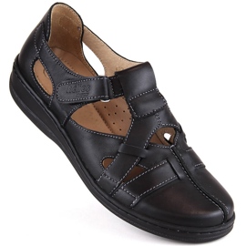 Læder behagelige gennembrudte sko med velcro, sort Helios 423.011