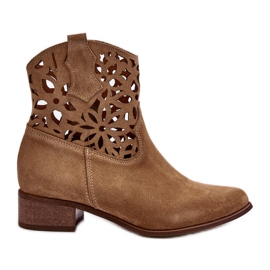 Zazoo 3404 Openwork lavhælede cowboystøvler Ruskind lys beige