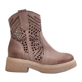 Zazoo 3470 Ruskind Damestøvler på flade hæle Gennembrudt Cappuccino beige