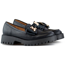 Sorte loafers med sløjfe, mokkasiner med en bamse