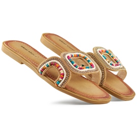 Dekorerede kvinders flade flerfarvede flip-flops beige