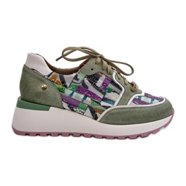 Sneakers i læder til kvinder på platformen Maciejka 06390-09 Celadon grøn