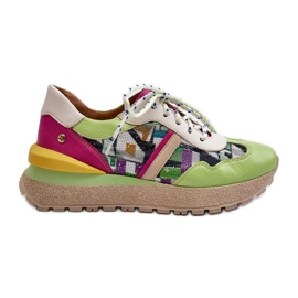 Sneakers i læder til kvinder på platformen Maciejka 06322-09 Grøn-Pink
