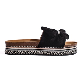 Sorte ruskindsflip-flops med sløjfe