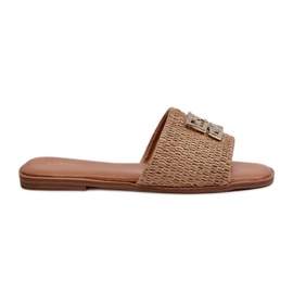 Flade flip-flops til kvinder med fletning og dekoration, Beige Omenna