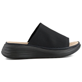 Sorte bløde dameflip-flops på platform, flip-flops med en sokoverdel
