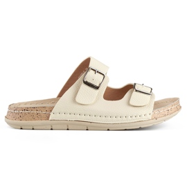 Komfortable beige flip-flops til kvinder med to spænder og en læder indersål