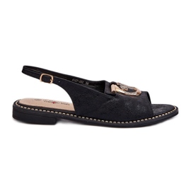 Elegante damesandaler med gulddekoration på flade hæle, sort S.Barski KV27-053