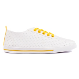 Hvide damesneakers med gule snørebånd