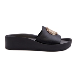 Zazoo 2920 læder-kile-flip-flops til kvinder med gulddetaljer Sort
