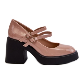 Mørkebeige Patent Pumps med chunky hæle fra Halmina