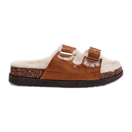 Dametøfler Flip-flops med spænder og pels Camel Ezilena brun