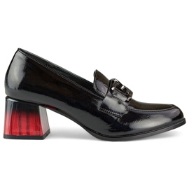 Sorte elegante damesko med rød hæl, pumps i laklæder