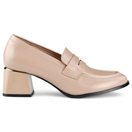 Patentbeige sko med lav, behagelig hæl, elegante beige pumps